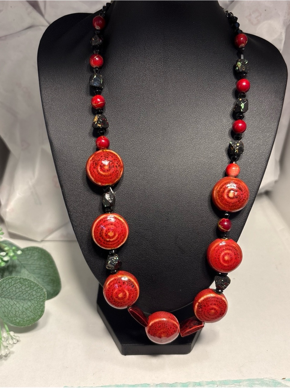 Vintage Handcrafted Red Ceramic Disc Necklace - Women Jewelry